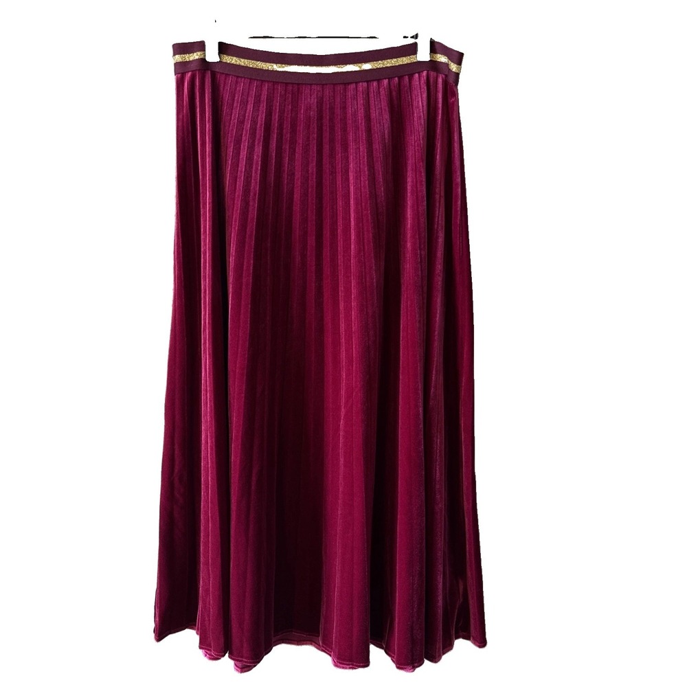 Maeve Anthropologie Pink Pleated Midi Skirt Velvet Gold Waistband Medium